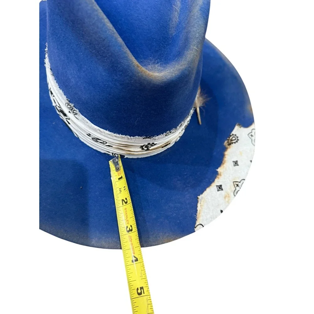 REV RAN Hats Royal Blue Western Hat Bandana‎ Feather Accent Size 7